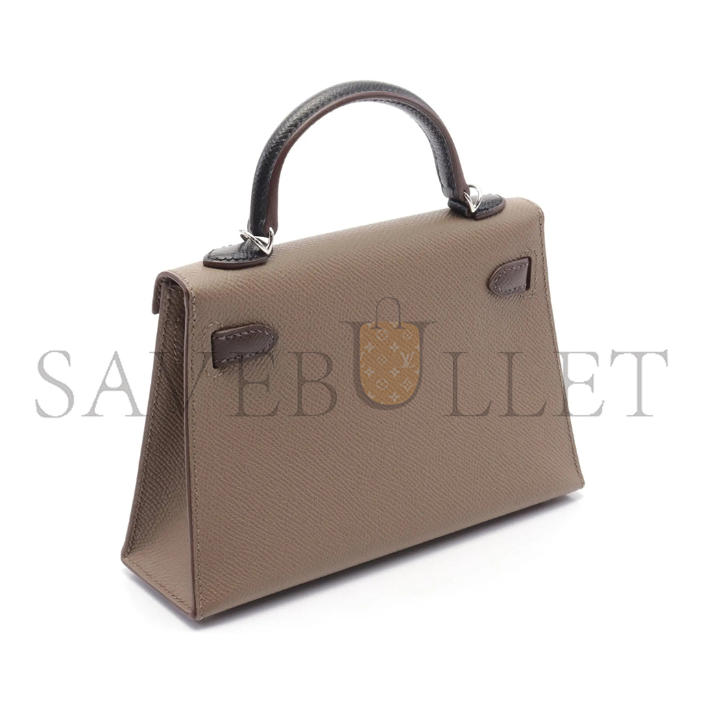 HERMÈS MASTER MINI KELLY II TRICOLOR ETOUPE ECORSE HANDBAG VEAU EPSOM GRAY BROWN BLACK SILVER HARDWARE OUTSIDE  (19*12*5.5cm) 